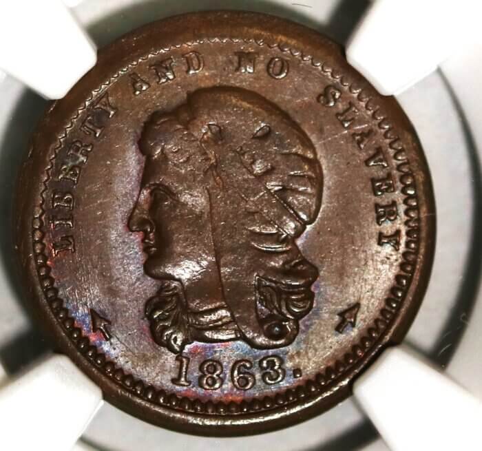 1863 CIVIL WAR TOKEN F-36/340a LIBERTY & NO SLAVERY NGC MS66 BROWN - Image 2