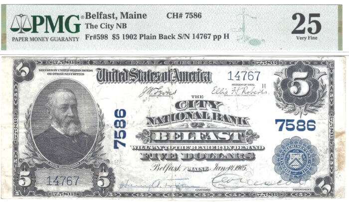 Fr.598 $5 1902 PLAIN BACK BELFAST, MAINE CH#7586 PMG VERY FINE 25