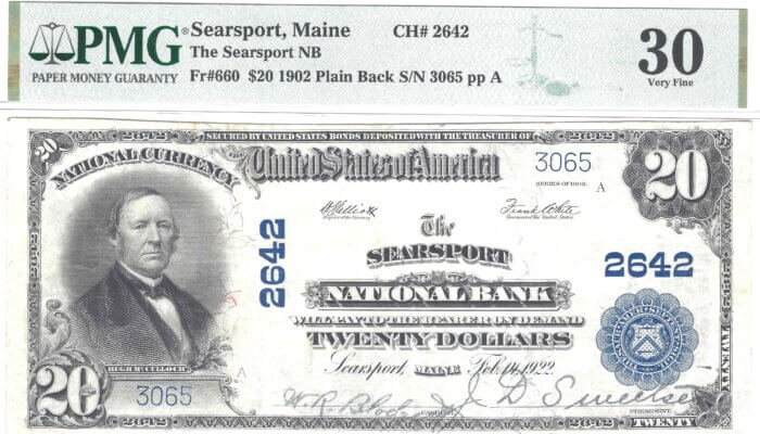 Fr.660 $20 1902 PLAIN BACK SEARSPORT, MAINE CH#2642 PMG VERY FINE 30