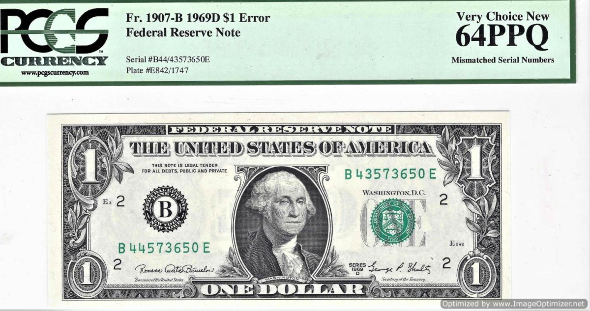 $ 1 ERROR (Mismatched Serial Numbers) FR 1907-B PCGS 64 PREMIUM PAPER ...
