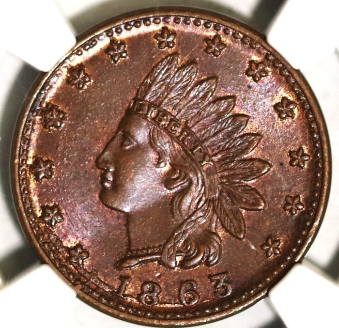 1863 CIVIL WAR TOKEN F-79/351a INDIAN-CROSSED CANNONS NGC MS66 BROWN - Image 2