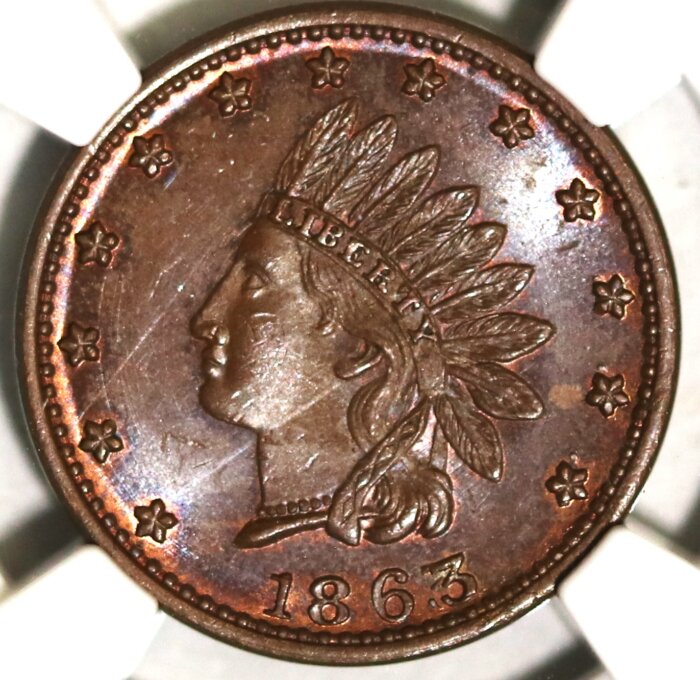 1863 CIVIL WAR TOKEN F-80/351a INDIAN -CROSSED CANNONS NGC MS 66 BROWN - Image 2
