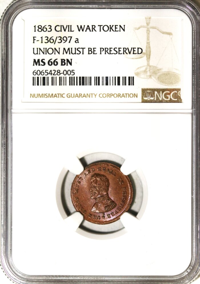 1863 CIVIL WAR TOKEN F-136/397a UNION MUST BE PRESERVED NGC MS66 BROWN