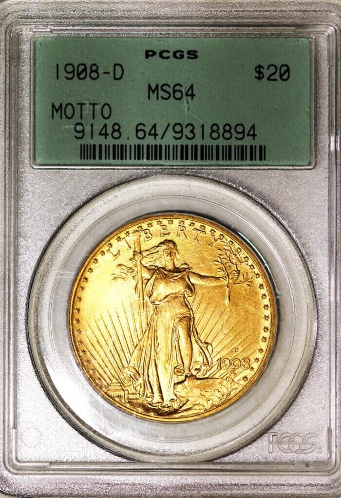 1908-D $20 MOTTO PCGS MS64
