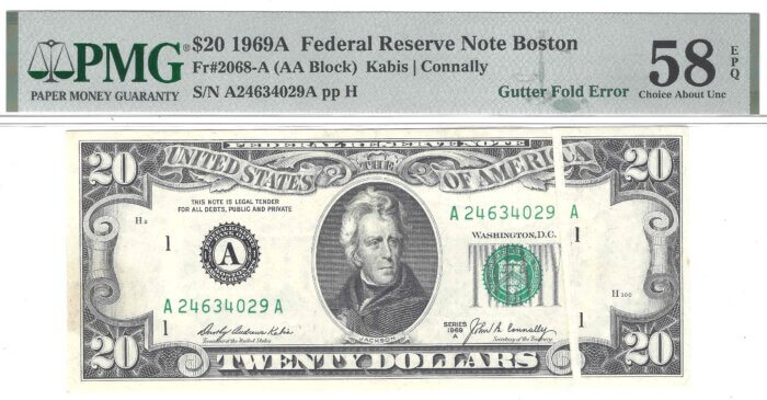 Fr.2068-A $20 1969A COMPLETE GUTTER FOLD PMG 58 EPQ