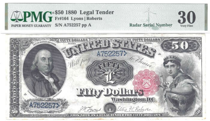 Fr. 164 $50 1880 LEGAL TENDER PMG 30 (Radar Serial Number) Discovery note