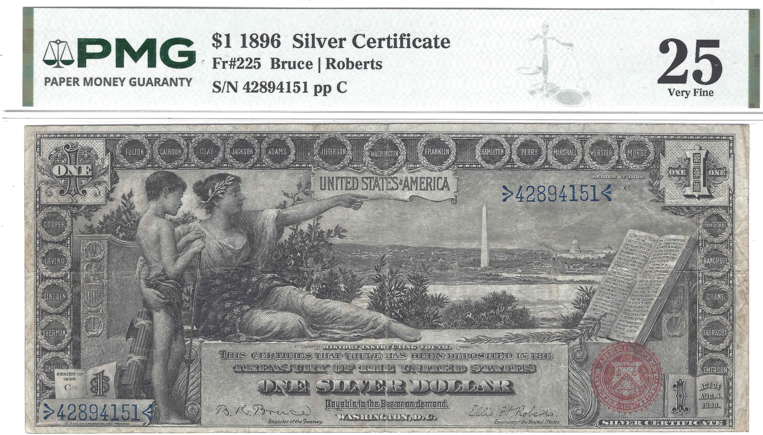 Fr.225 $1 1896 SILVER CERTIFICATE (EDUCATIONAL) PMG Very Fine 25