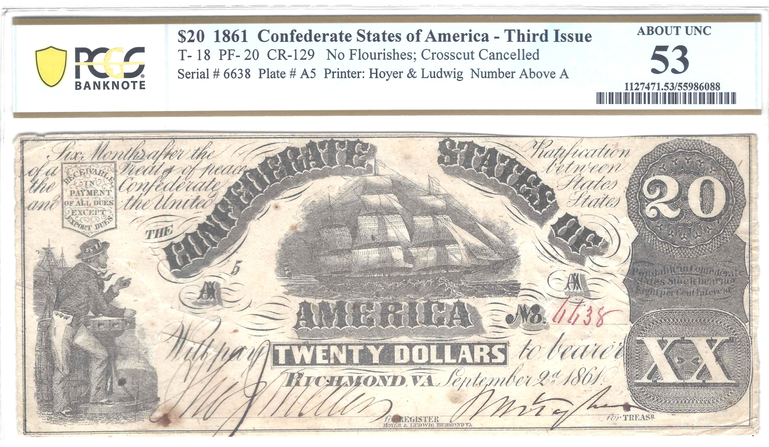 T-18 $20 1861 CONFEDERATE-3rd Issue PCGS ABOUT UNC 53